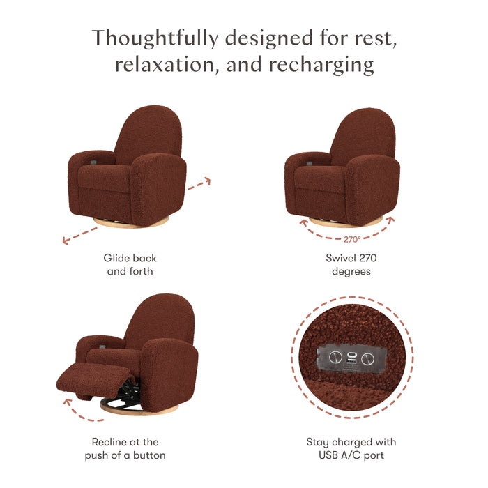 Babyletto Nami Electronic Recliner and Swivel Glider Recliner in Teddy Loop with USB port