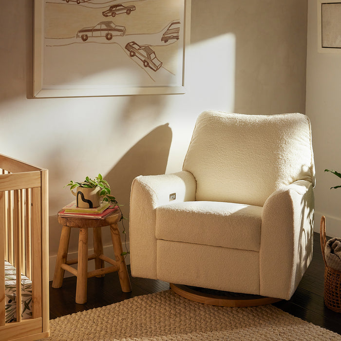 Nursery Works Sunday Power Recliner and Swivel Glider in Chantilly Fleece with Light Wood Base
