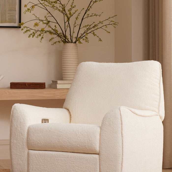 Nursery Works Sunday Power Recliner and Swivel Glider in Chantilly Fleece with Light Wood Base