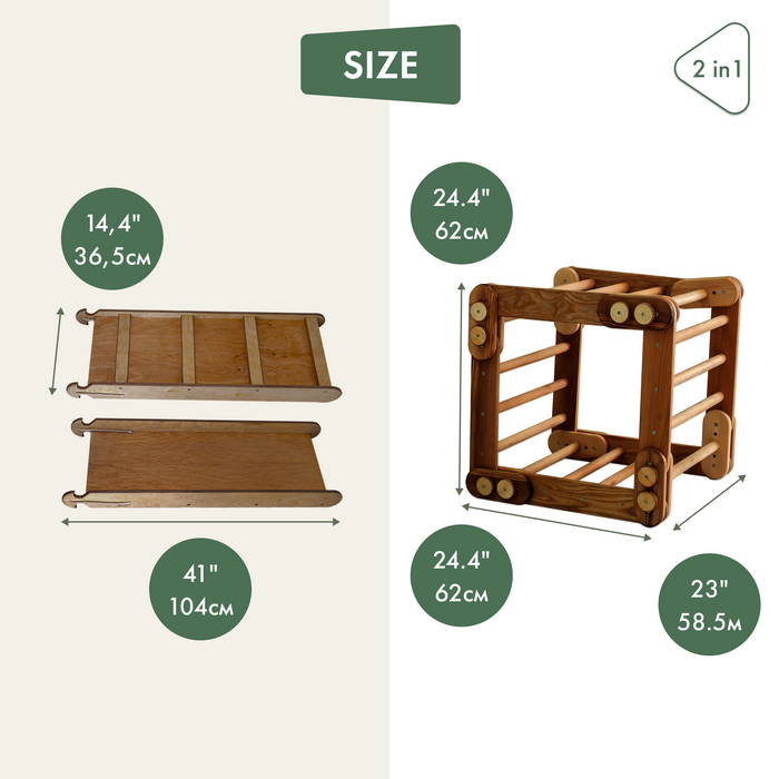 Montessori Climbing Frame Set 2-in-1: Snake Ladder + Slide Board/Climbing Ramp | Chocolate