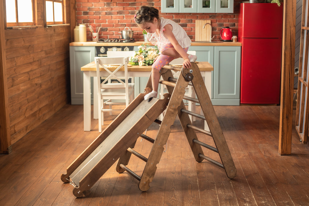 2-in-1 Montessori Climbing Frame Set: Triangle Ladder + Slide Board/Ramp – Chocolate