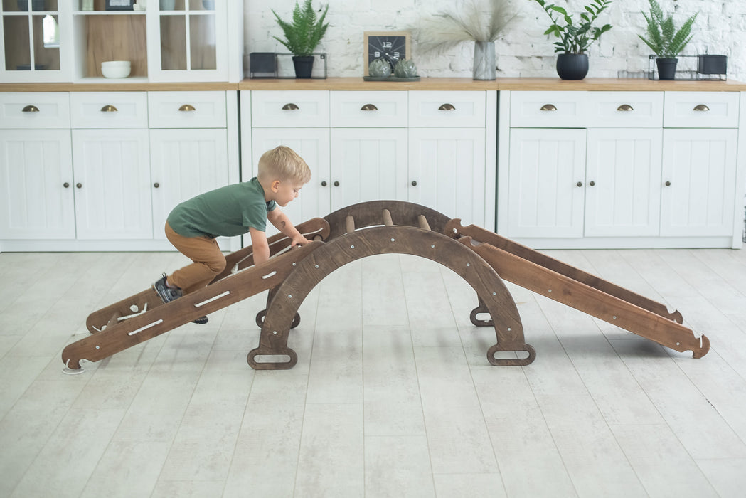 3-in-1 Montessori Climbing Frame Set: Wooden Arch + Slide Board + Climbing Net - Chocolate