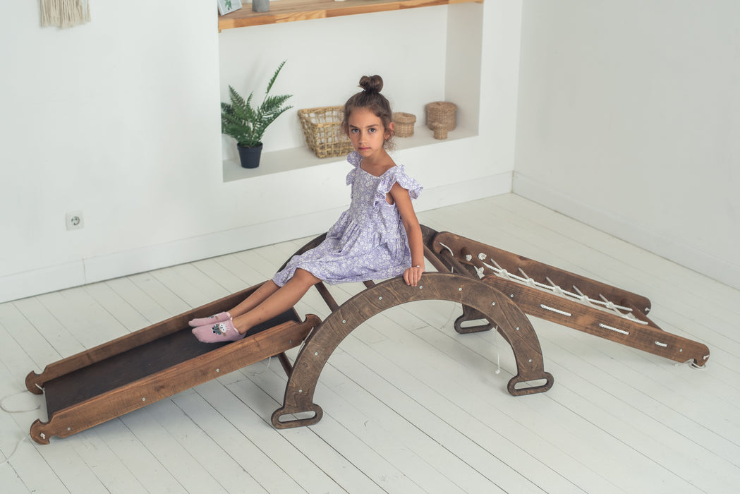 3-in-1 Montessori Climbing Frame Set: Wooden Arch + Slide Board + Climbing Net - Chocolate