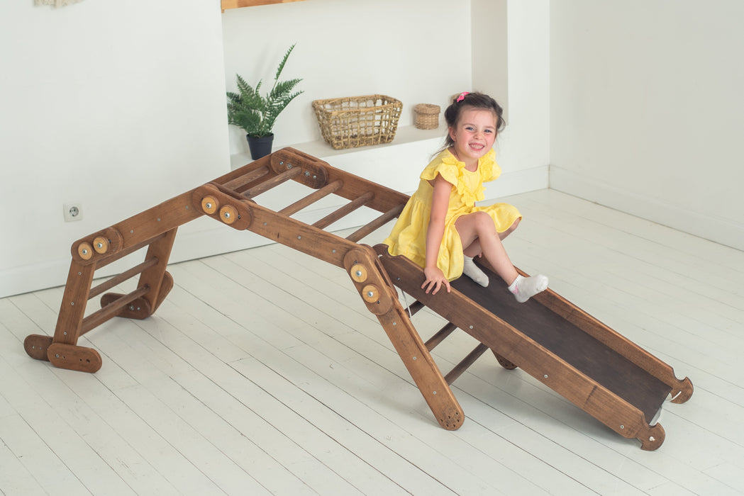 Montessori Climbing Frame Set 2-in-1: Snake Ladder + Slide Board/Climbing Ramp | Chocolate