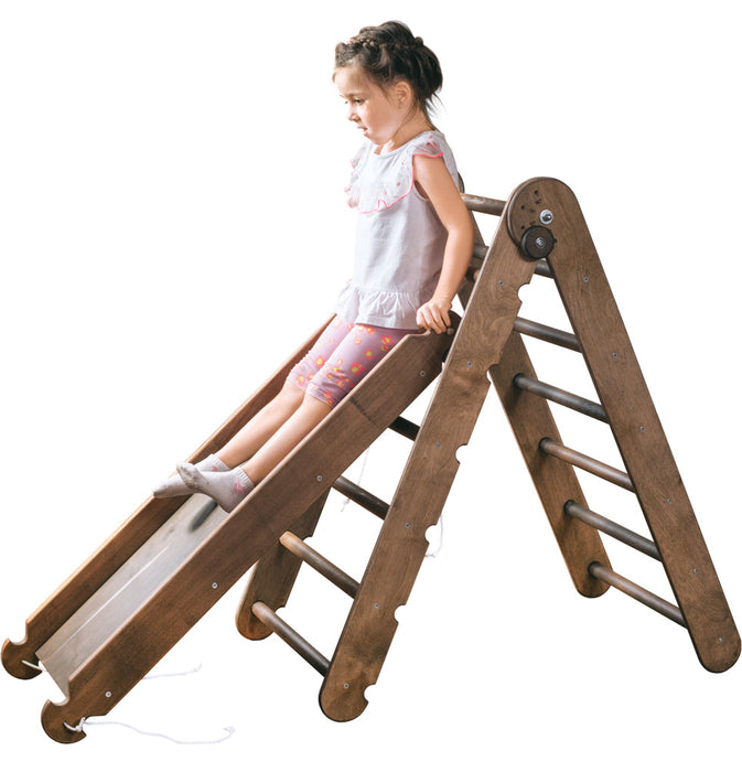 2-in-1 Montessori Climbing Frame Set: Triangle Ladder + Slide Board/Ramp – Chocolate