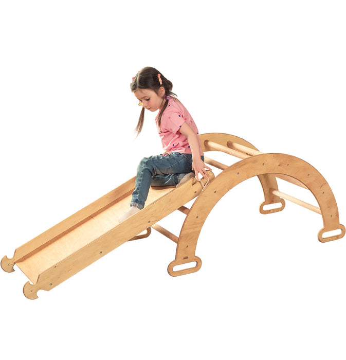 2-in-1 Montessori Climbing Frame Set: Arch/Rocker Balance + Slide Board/Ramp - Beige