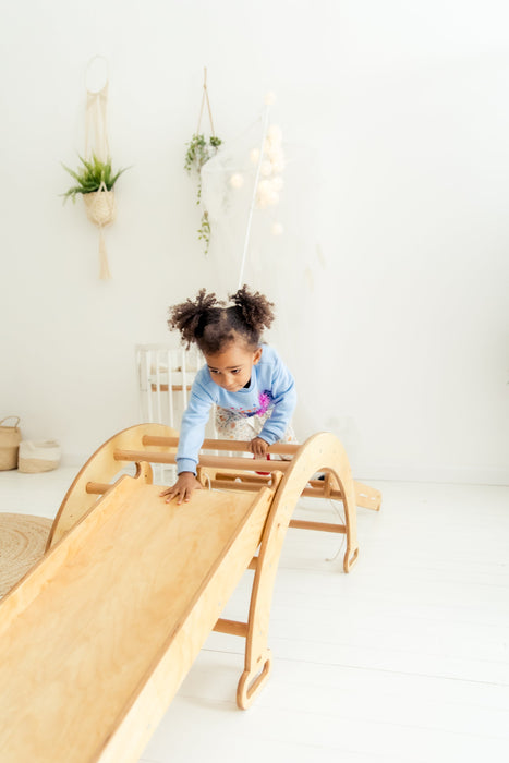 2-in-1 Montessori Climbing Frame Set: Arch/Rocker Balance + Slide Board/Ramp - Beige