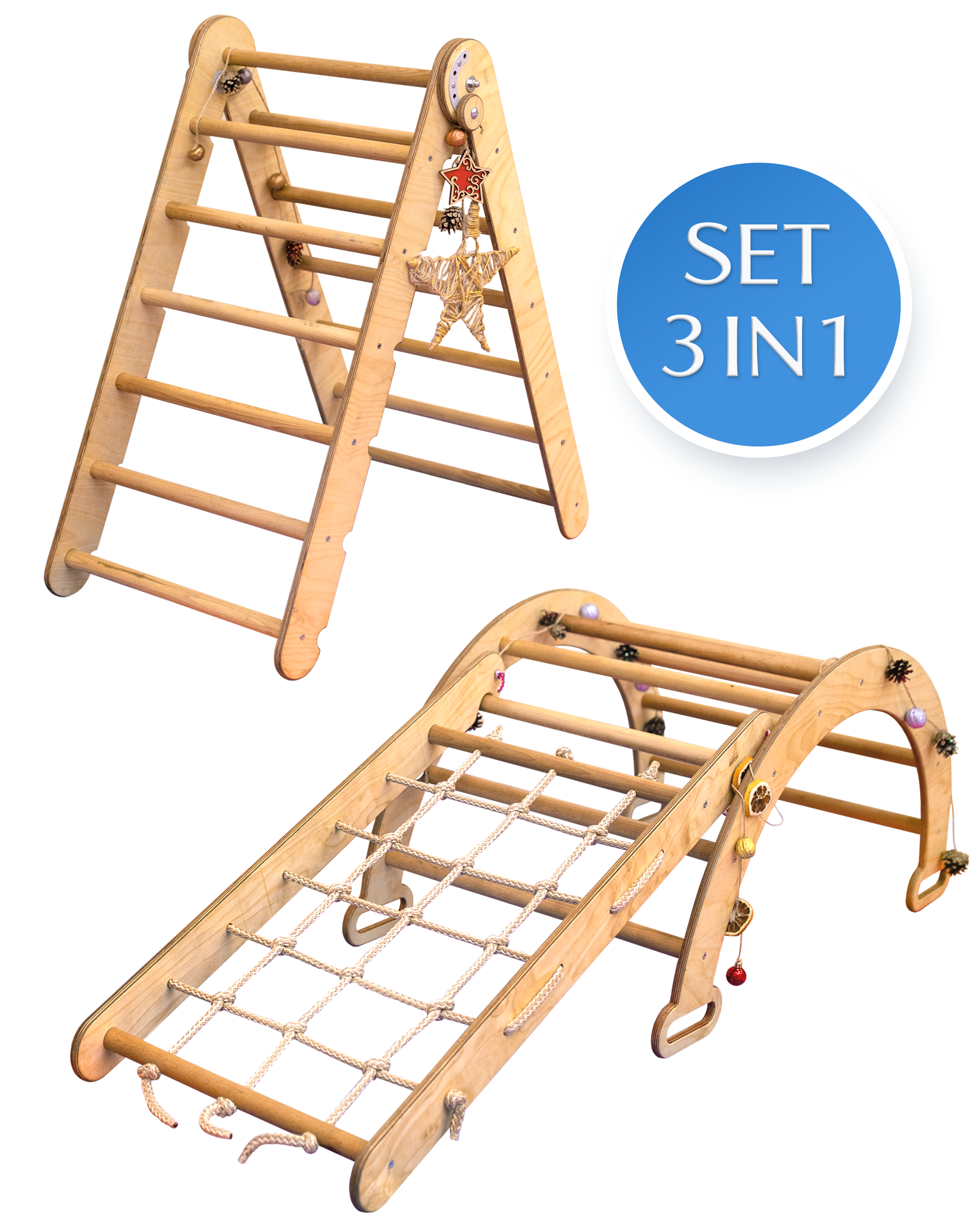 3-in-1 Montessori Climbing Frame Set: Triangle Ladder + Arch/Rocker Balance + Net – Beige