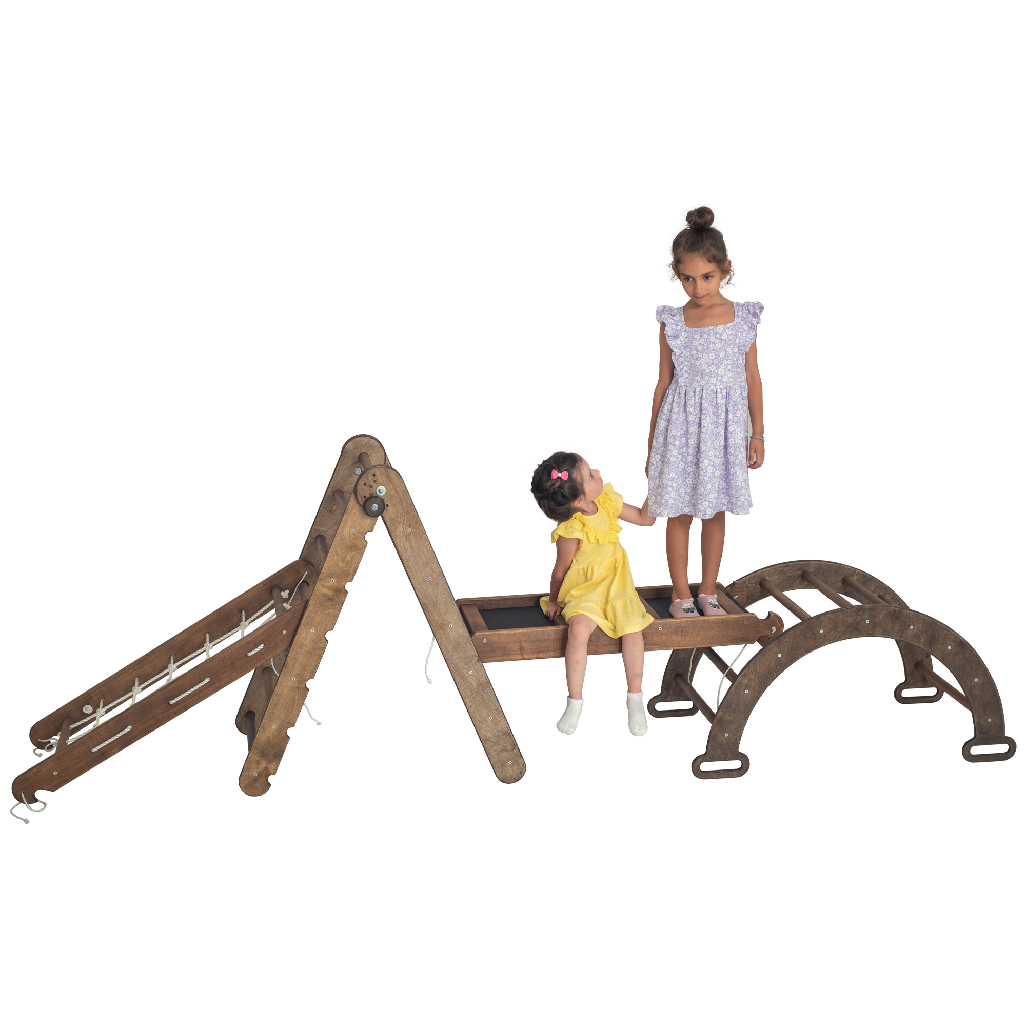 4-in-1 Montessori Climbing Set: Triangle Ladder + Arch/Rocker + Slide Board/Ramp + Climbing Net – Beige