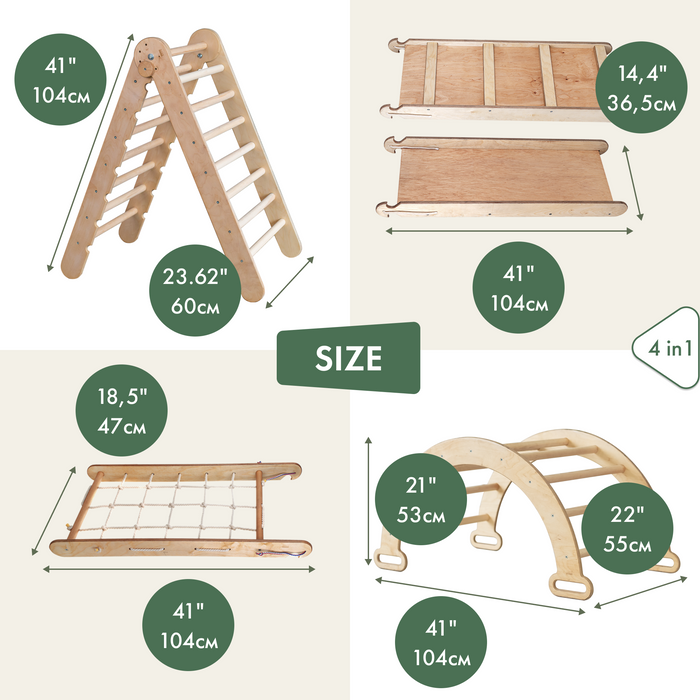 4-in-1 Montessori Climbing Set: Triangle Ladder + Arch/Rocker + Slide Board/Ramp + Climbing Net – Beige