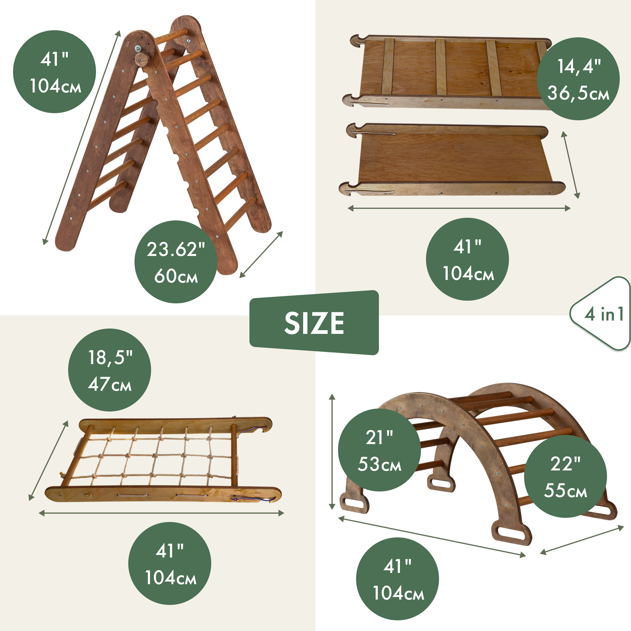 4-in-1 Montessori Climbing Set: Triangle Ladder + Arch/Rocker + Slide Board/Ramp + Net – Chocolate