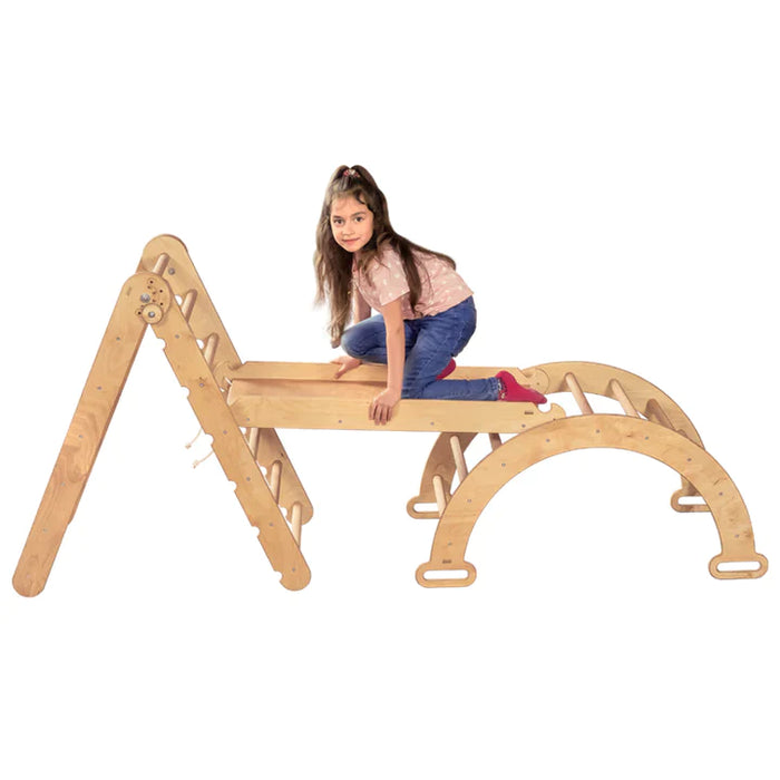 3-in-1 Montessori Climbing Set: Triangle Ladder + Arch/Rocker Balance + Slide Board – Chocolate