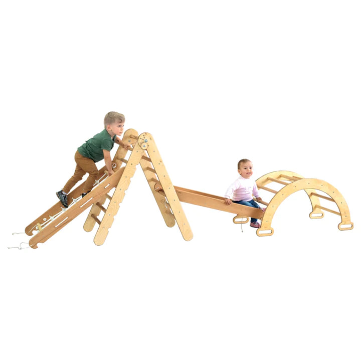 4-in-1 Montessori Climbing Set: Triangle Ladder + Arch/Rocker + Slide Board/Ramp + Net – Chocolate