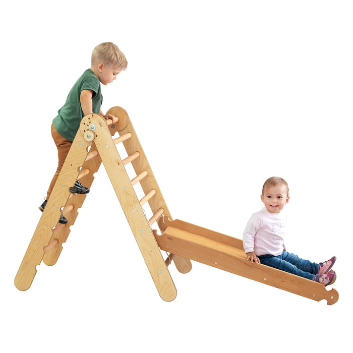 2-in-1 Montessori Climbing Set: Triangle Ladder + Slide Board/Ramp – Beige