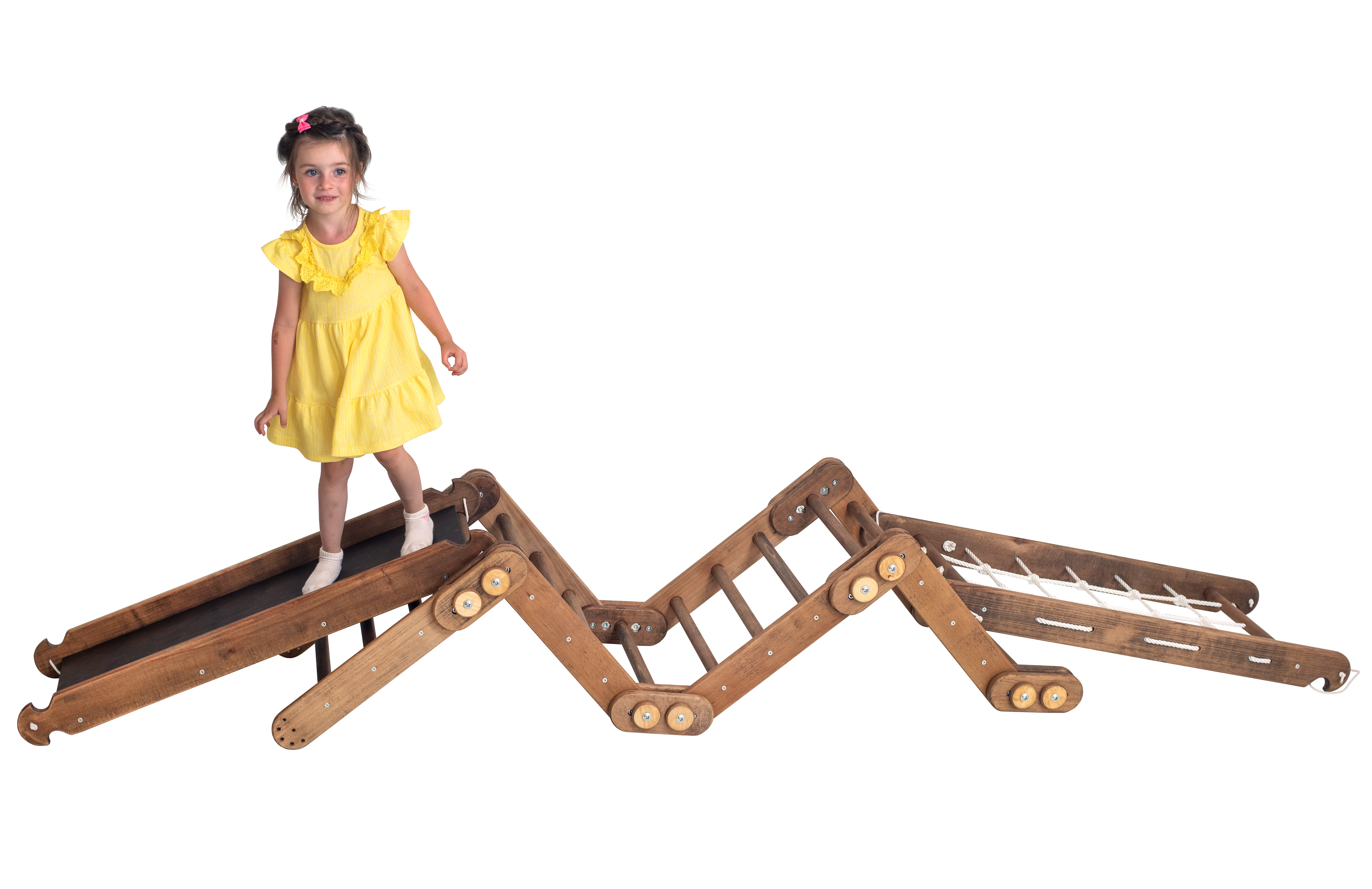 3-in-1 Montessori Climbing Frame Set: Snake Ladder + Slide Board/Ramp + Net – Beige