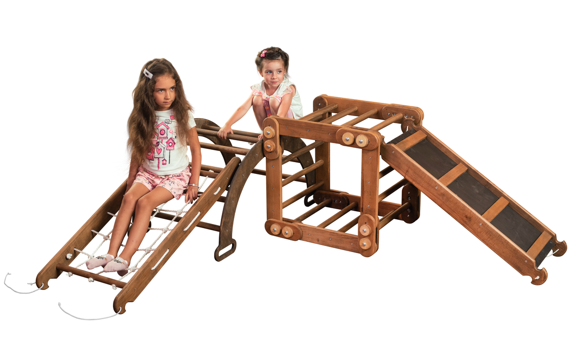 3-in-1 Montessori Climbing Set: Snake Ladder + Slide Board/Ramp + Net – Chocolate