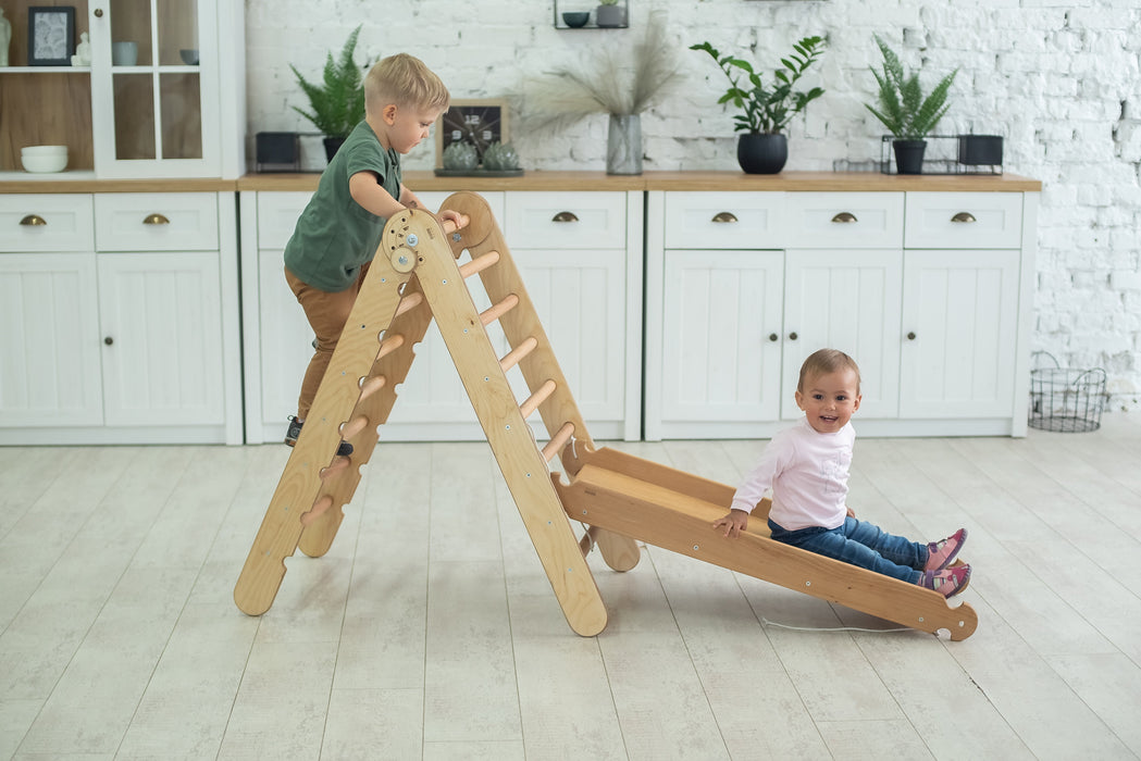 2-in-1 Montessori Climbing Set: Triangle Ladder + Slide Board/Ramp – Beige