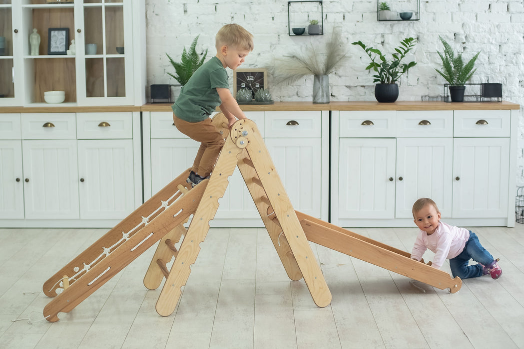3-in-1 Montessori Climbing Frame Set: Triangle Ladder + Net + Slide Board/Ramp - Beige