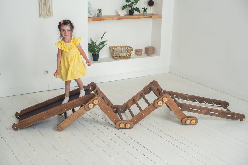 3-in-1 Montessori Climbing Set: Snake Ladder + Slide Board/Ramp + Net – Chocolate