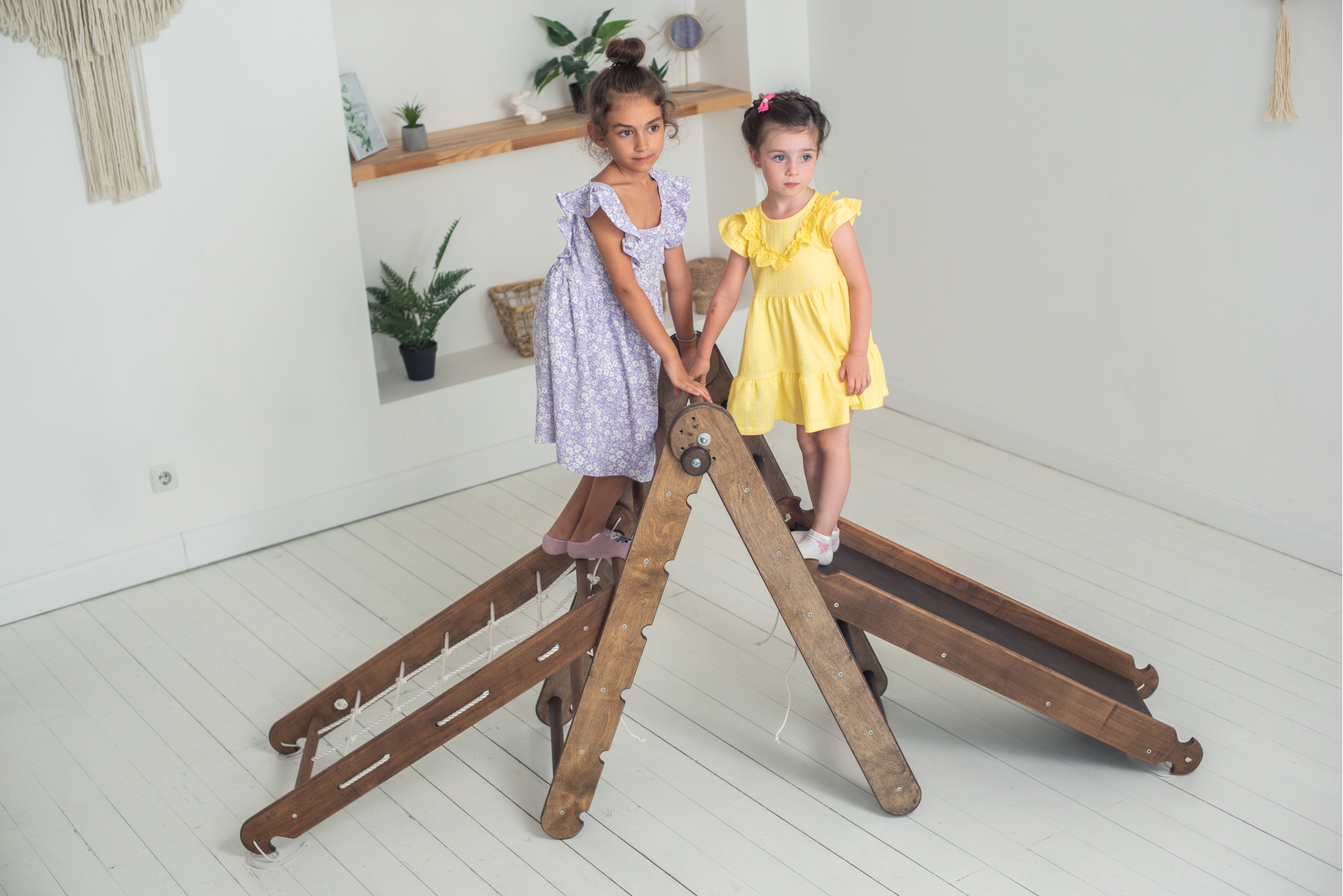 3-in-1 Montessori Climbing Frame Set: Triangle Ladder + Slide Board/Ramp + Net – Chocolate