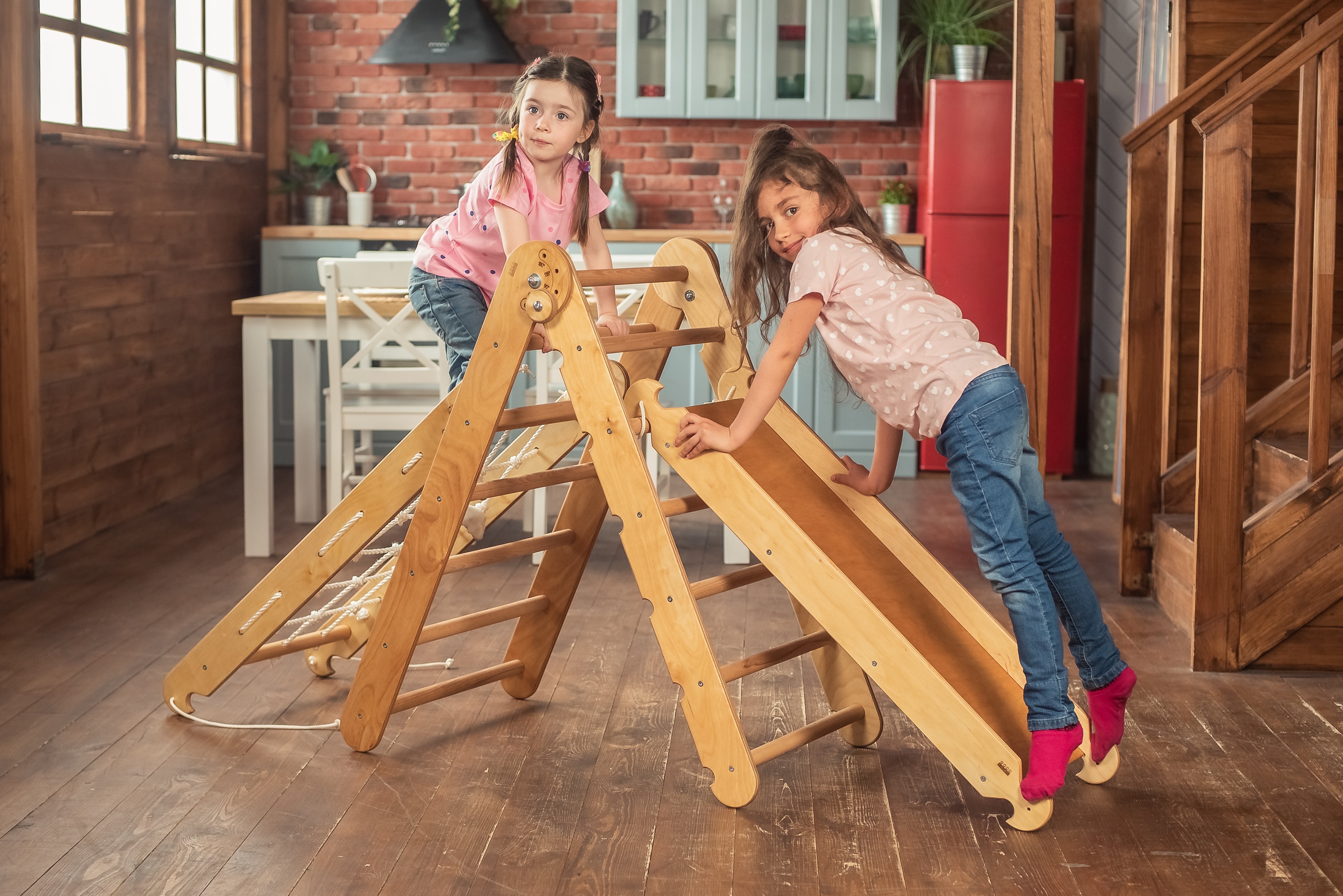 3-in-1 Montessori Climbing Frame Set: Triangle Ladder + Net + Slide Board/Ramp - Beige