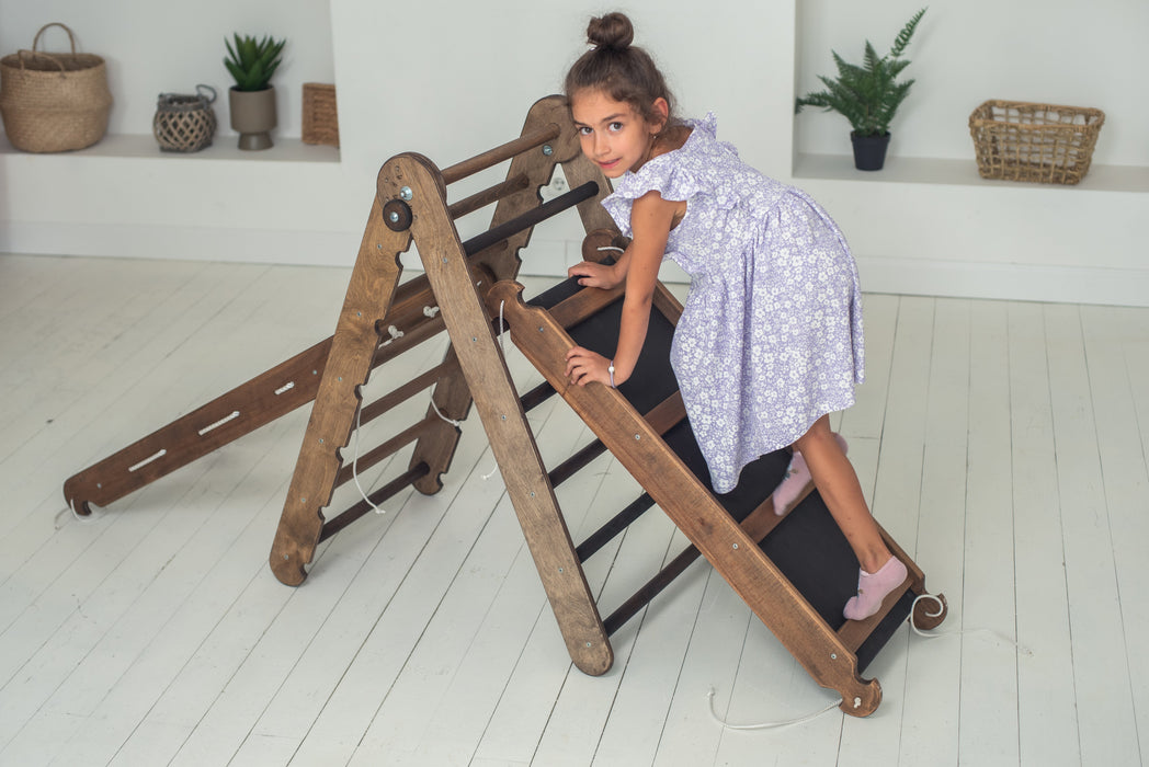 3-in-1 Montessori Climbing Frame Set: Triangle Ladder + Slide Board/Ramp + Net – Chocolate