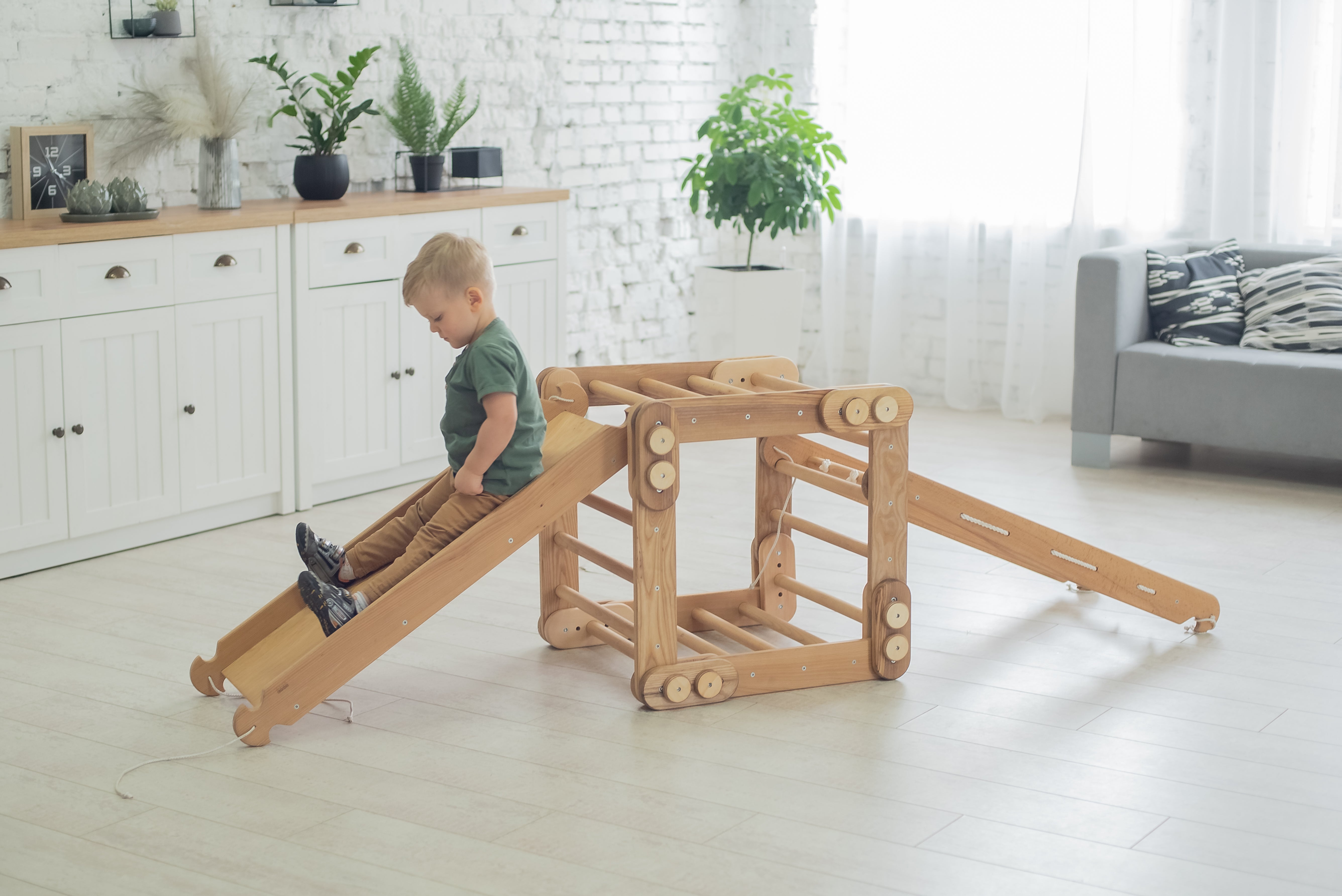 3-in-1 Montessori Climbing Frame Set: Snake Ladder + Slide Board/Ramp + Net – Beige